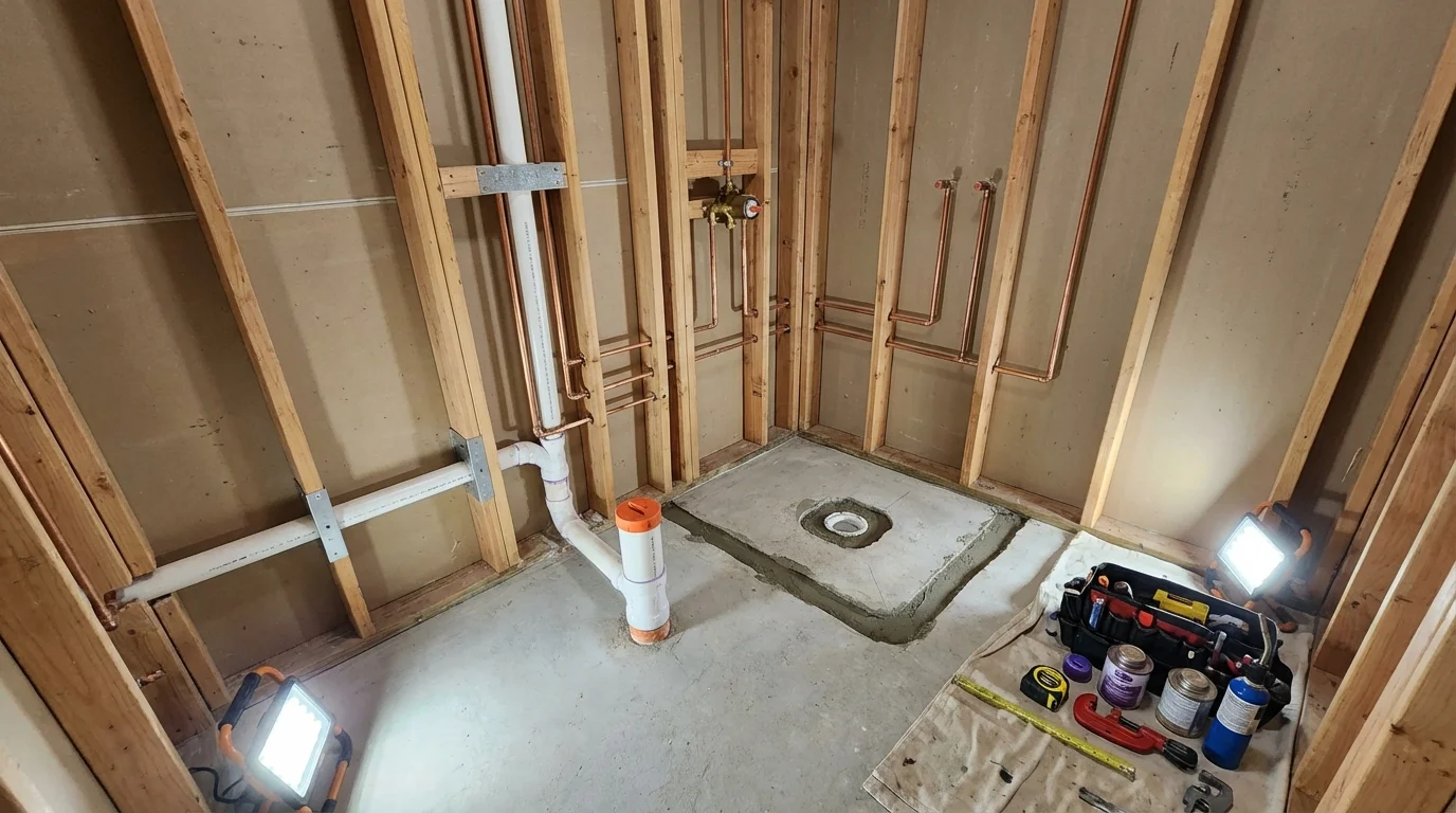 Bathroom rough-in plumbing during remodel by Johns Plumbing LLC in Mishawaka