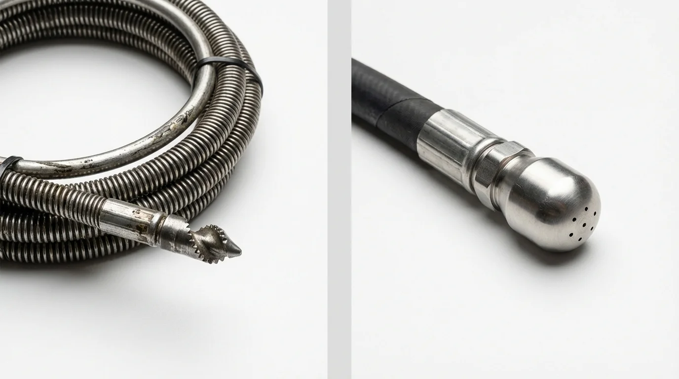 Drain snake cable and hydro jetting nozzle used for drain cleaning in Mishawaka, IN