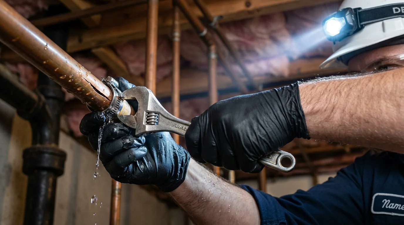 Emergency pipe clamp repair being performed by a Johns Plumbing LLC plumber in Mishawaka