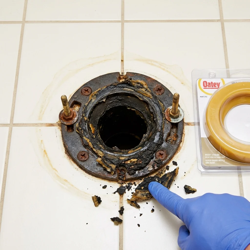 Failed wax ring showing water seepage at the base of a toilet in a Mishawaka, IN home