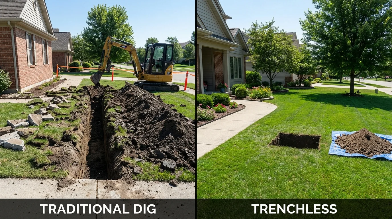 Trenchless sewer repair with minimal yard damage versus traditional excavation in Mishawaka, IN