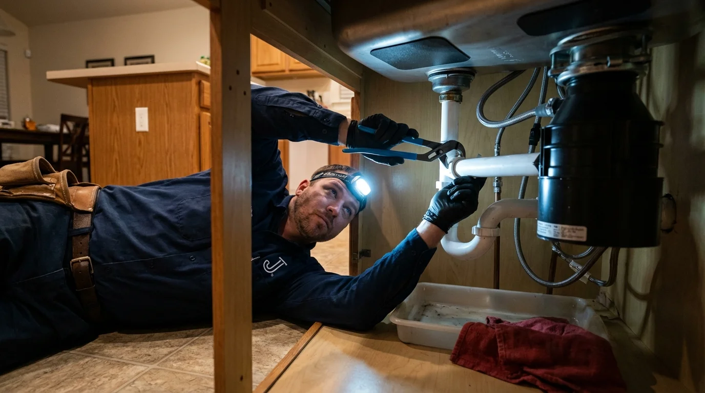 P-trap and supply line connections under a kitchen sink showing a common leak point in Mishawaka, IN